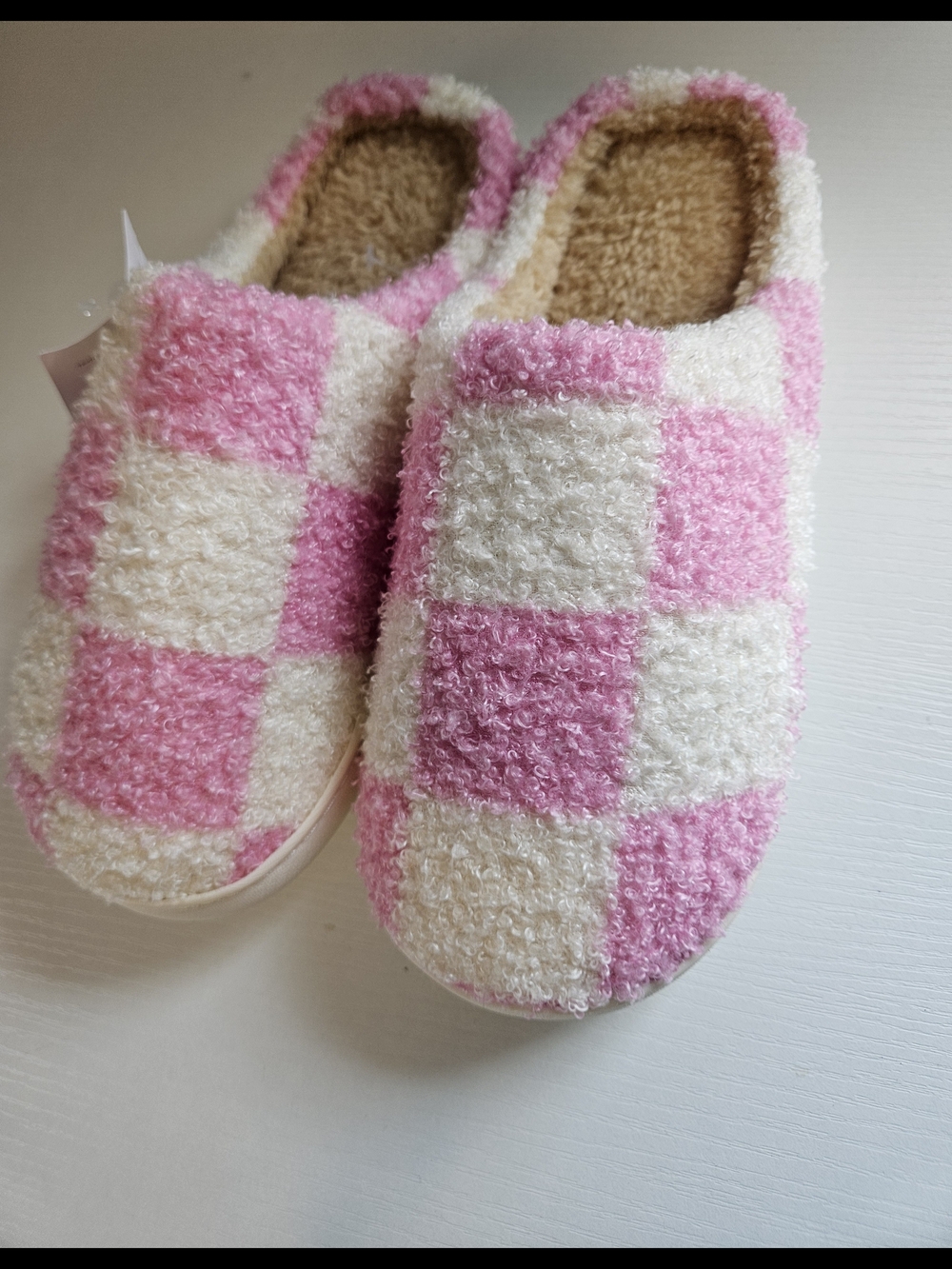 Pink and White Checkerboard Fuzzy Slippers